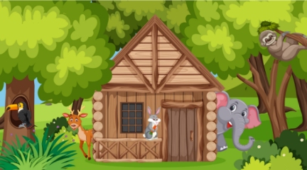 Cartton wooden house with exotic animals